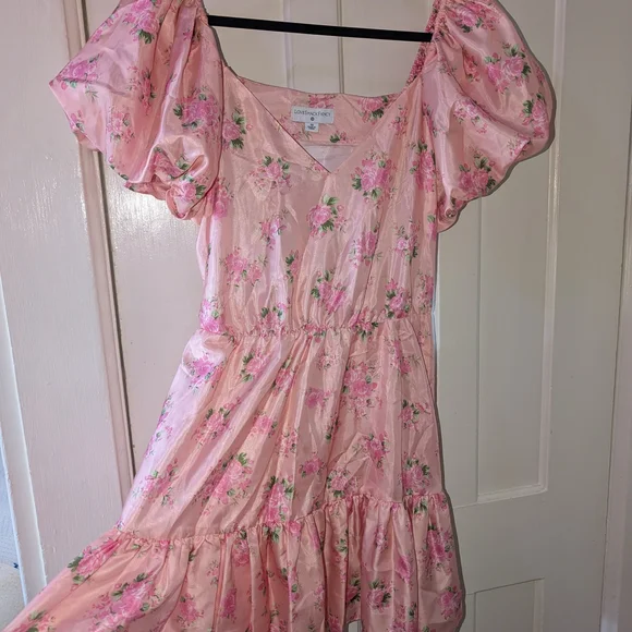 LoveShackFancy Target Collab Pink Floral Puff-Sleeve Wrap Mini Dress - Picture 4 of 5